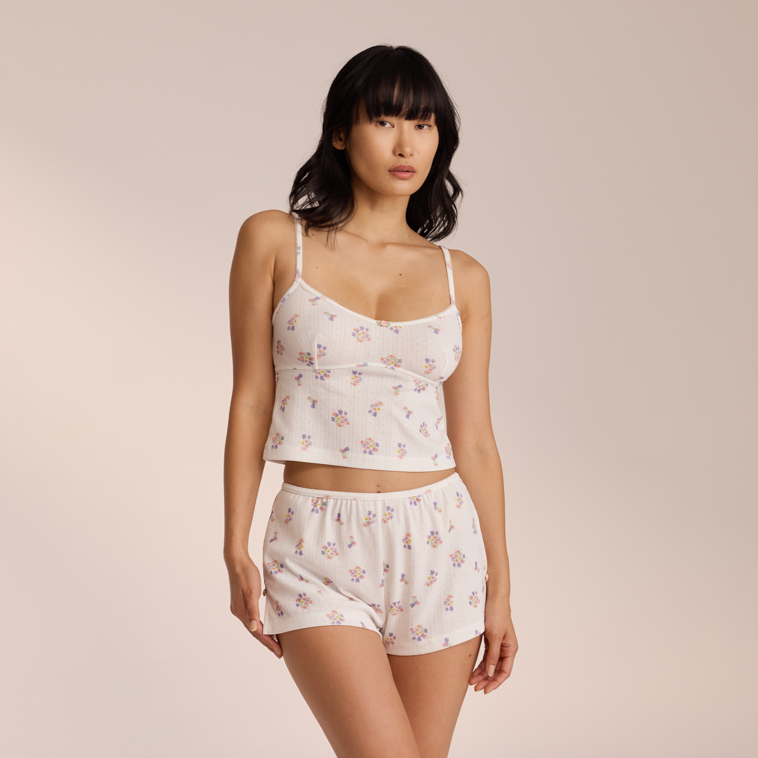 Pointelle Cami Pyjamatop - Florales Weiß