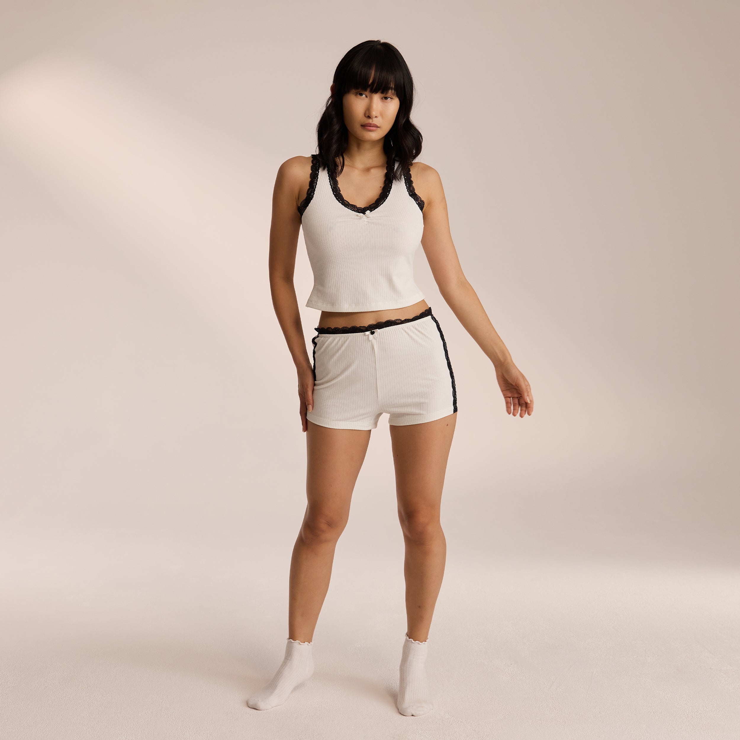 Pyjamashorts mit Spitze - Weiß